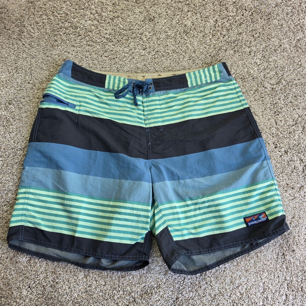 Patagonia Wavefarer‎ Board Shorts Mens 38 Blue Striped 86622 Outdoor Swim Surf